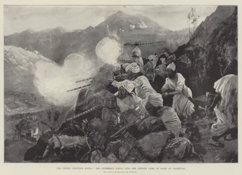 A ascensão da fronteira indiana, os tribais disparando o acampamento britânico em Bagh no anoitecer